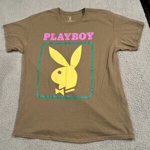 Playboy Shirt Unisex Large Distressed Brown Neon Bunny Logo Graphic Tee T-Shirt